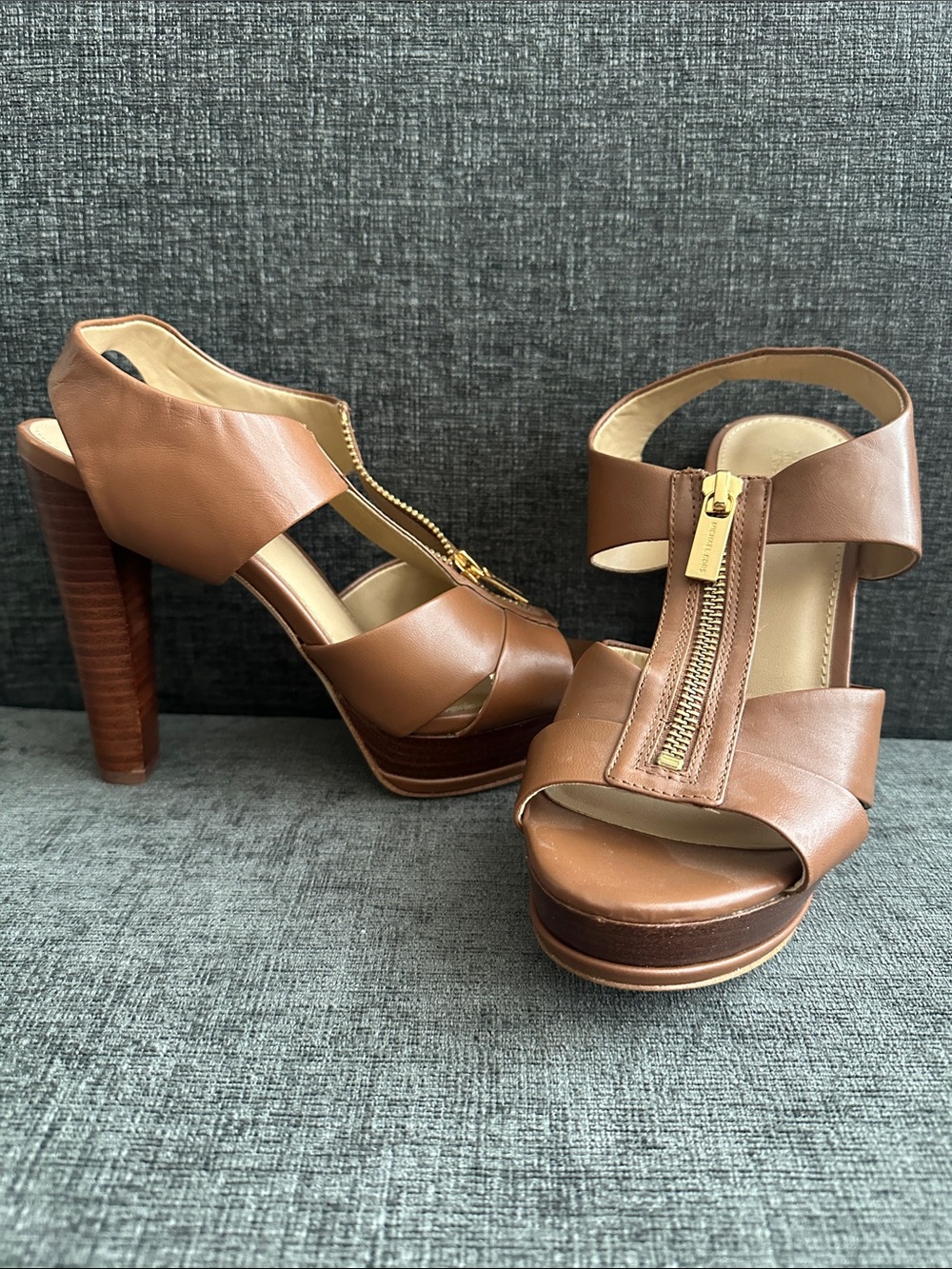 Michael Kors Tan Brown Leather Platform Heels with Gold Zip